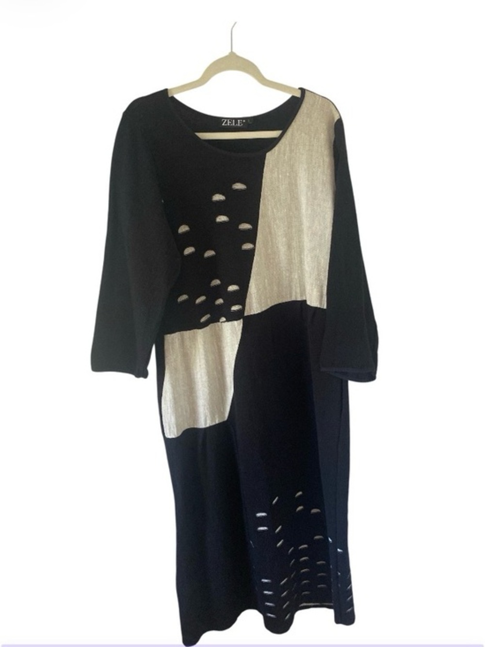 Zele Black and Cream Colorblock Midi Dress size L made from linen from Poland